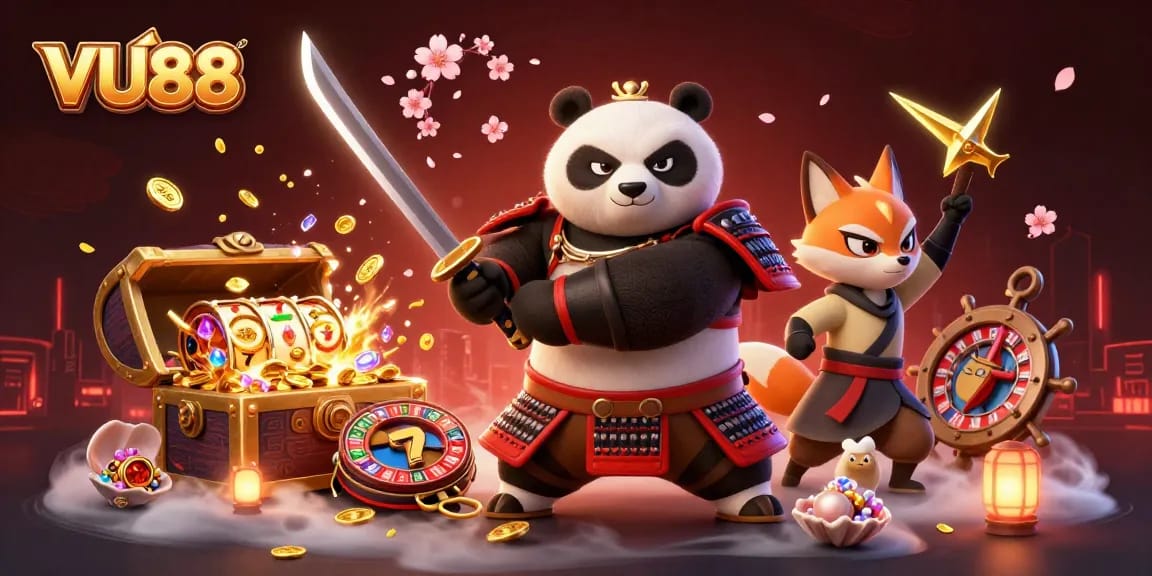 Players engaging with VU88's immersive 3D casino adventures featuring samurai panda and energetic game elements.