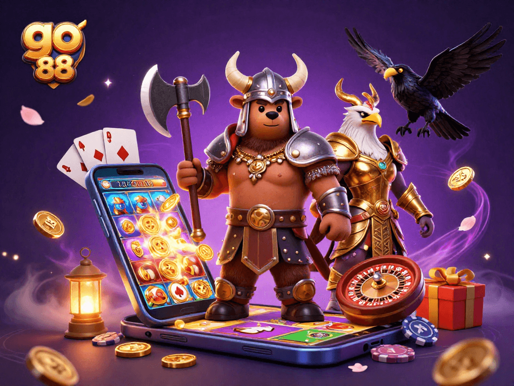 Engage in exciting gameplay at go 88, experiencing a vibrant casino scene with thrilling characters and dynamic game elements.