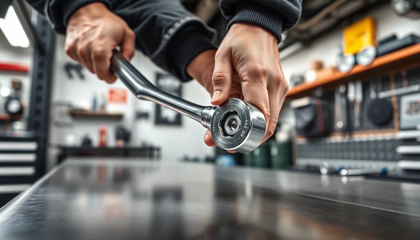 Using a twist handle ratchet to tighten bolts for precise assembly.