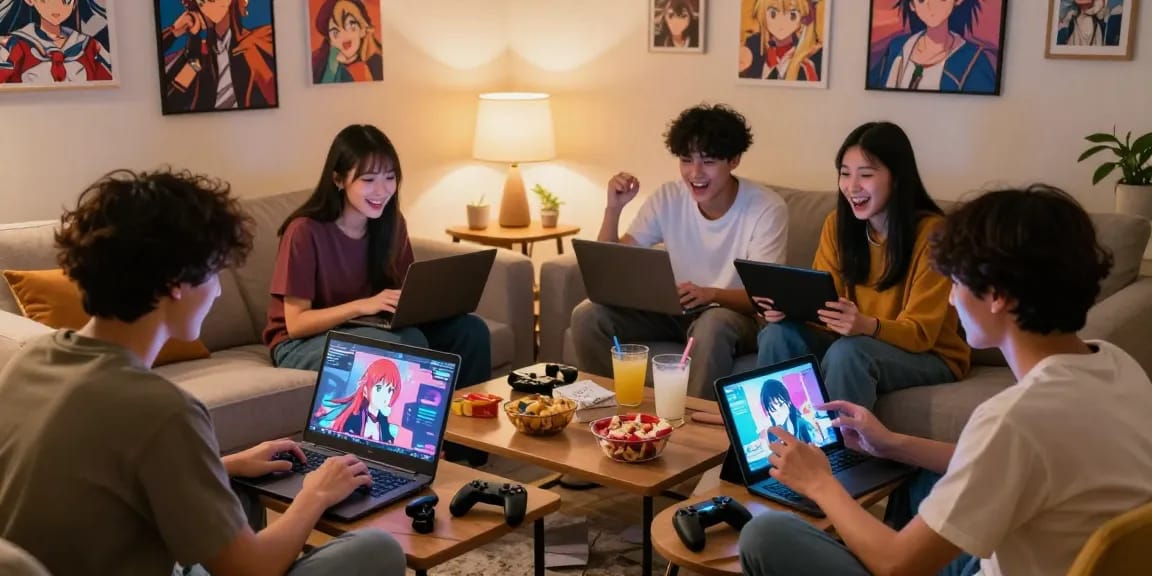 Young adults enjoying hentaigames together in a cozy living room with vibrant gaming elements.