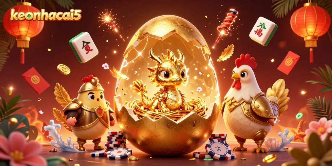 Engage with keonhacai5 and discover a golden dragon among poker chips in a vibrant scene.