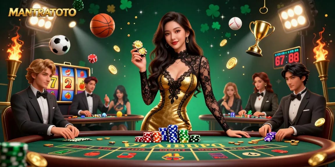 Experience the thrill of MANTRATOTO gaming with an elegant player at a VIP table, surrounded by dynamic casino elements.