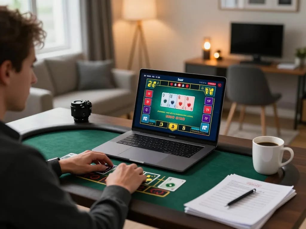 Engaged gamer at home enjoying link cm88 mới nhất blackjack live dealer game on laptop