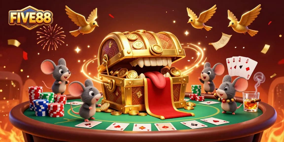 Engage with FIVE88's thrilling casino experience led by dynamic golden chest characters amidst vibrant poker elements.