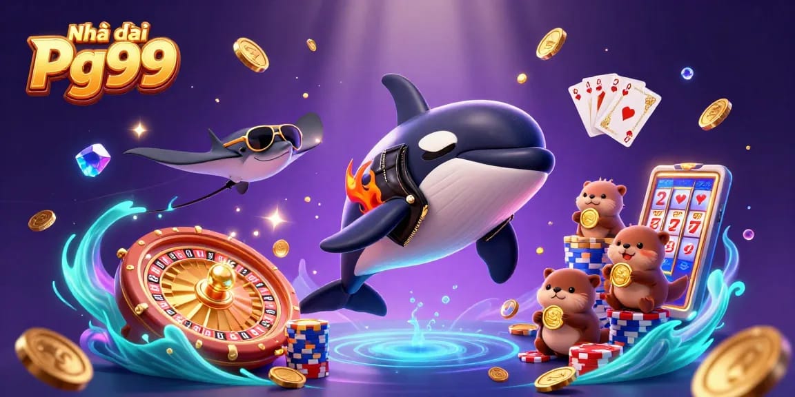 Experience the thrill of Nhà cái Pg99 with vibrant 3D cartoon characters and casino elements sparkling under water.