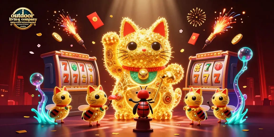 Engage with the outdoor living company fredericksburg virginia's vibrant scene featuring a magical lucky cat surrounded by casino symbols.