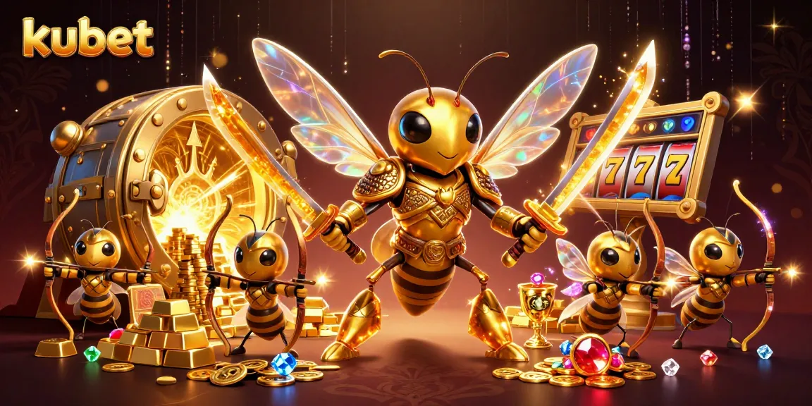 Engage in thrilling kubet casino games with a vibrant 3D illustration of a hornet samurai and bee archers.