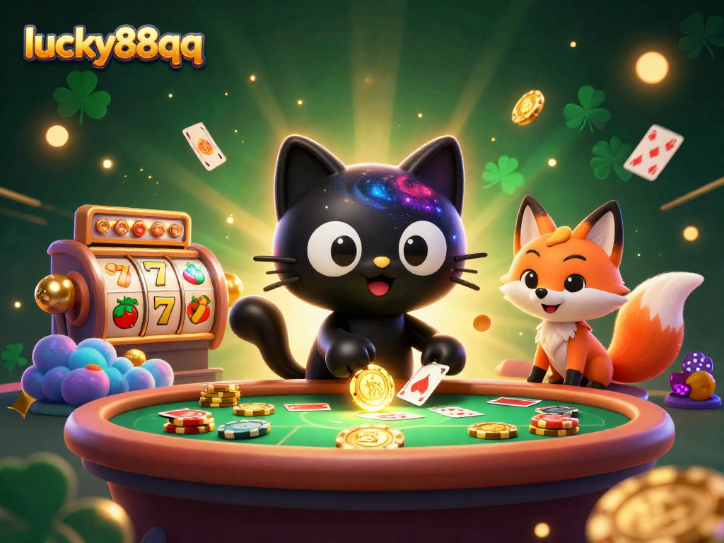 Engage with lucky88qq in a vibrant cosmic casino featuring a playful black hole cat and colorful gaming elements.
