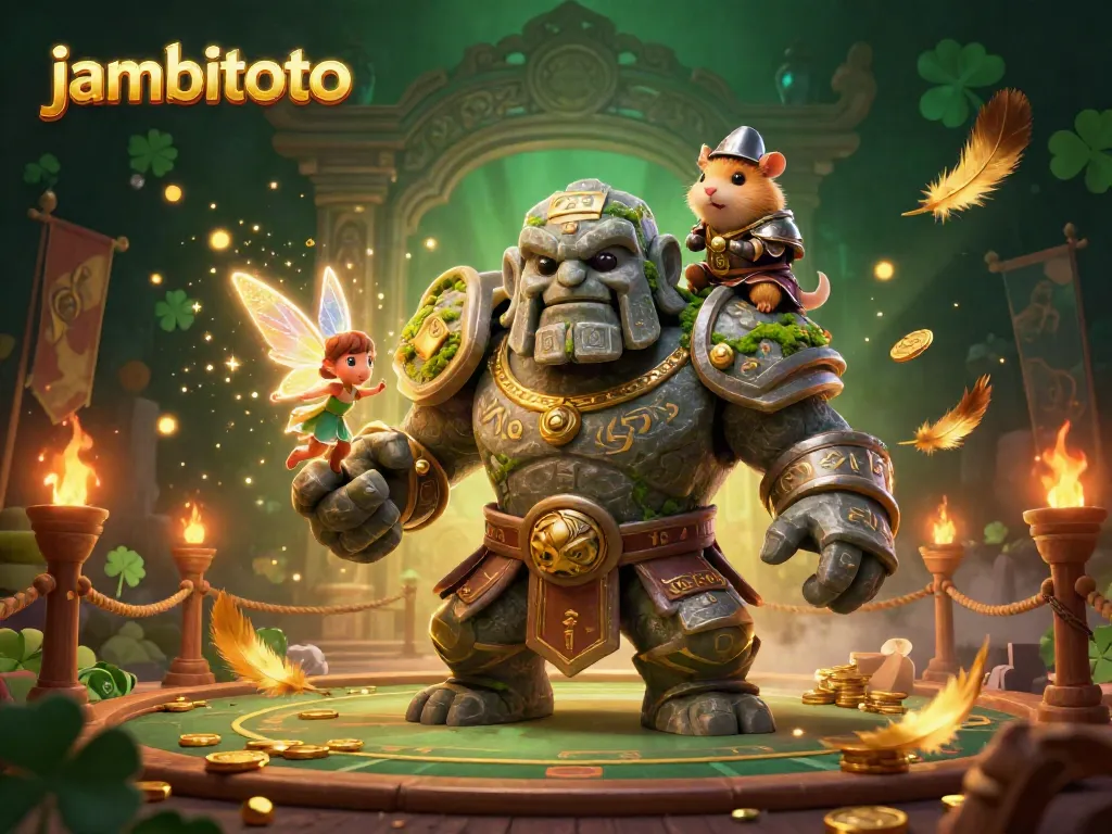 Experience excitement at jambitoto with a dynamic scene featuring a magical golem and charming characters.