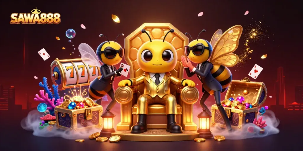 Engage with SAWA888 in a vibrant casino scene featuring a bumblebee mob boss and floating slot reels.