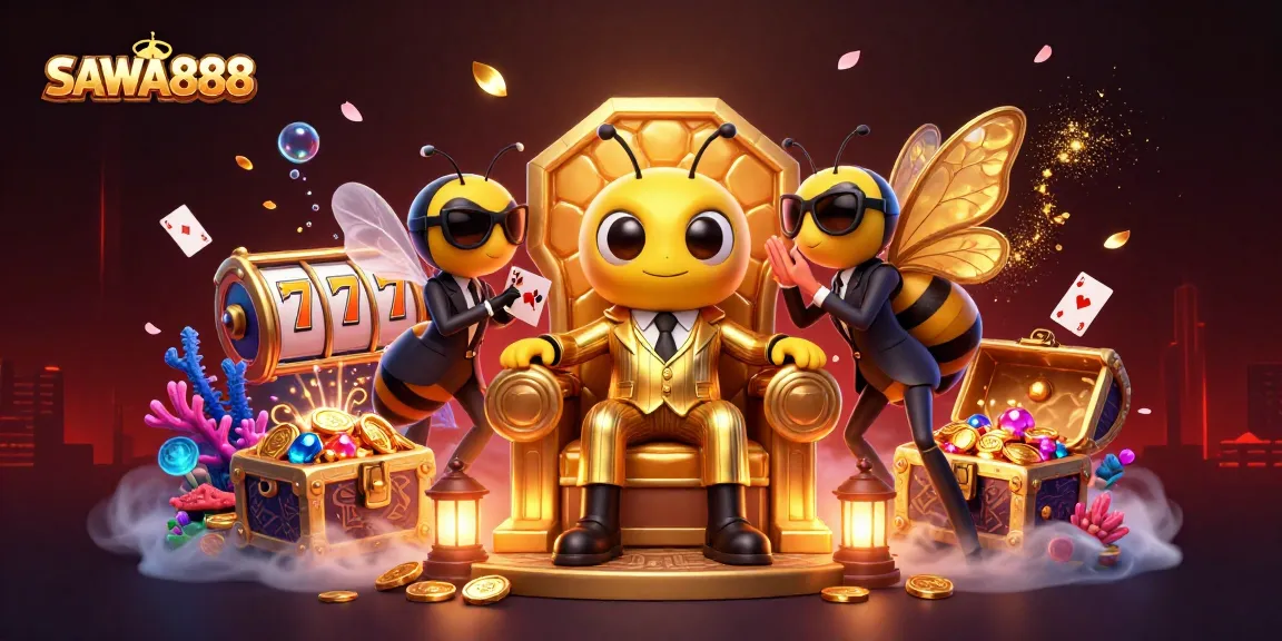 Engage with SAWA888 in a vibrant casino scene featuring a bumblebee mob boss and floating slot reels.