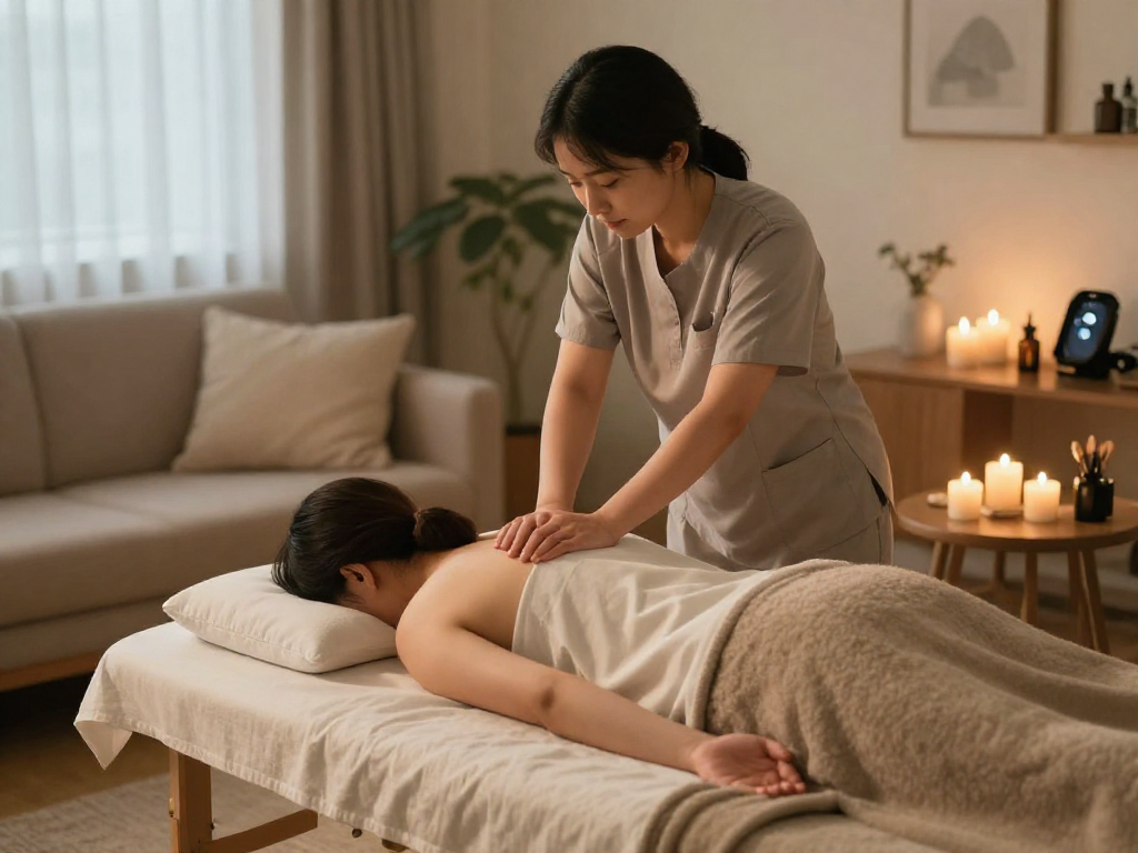 Relaxing 인천출장마사지 scene with a professional therapist providing soothing treatment in a cozy living room.