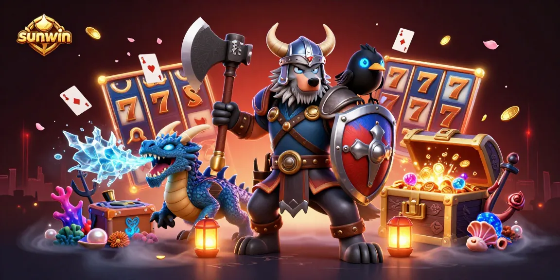 Join the thrilling action at sunwin with a Viking warrior amidst dynamic slot elements and magical treasures.