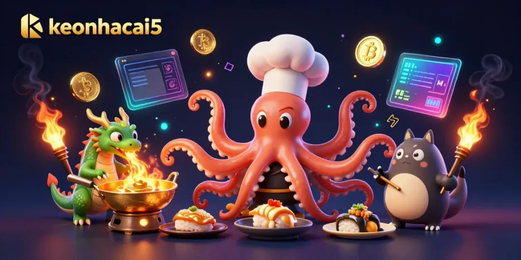 Engaging keonhacai5 scene with a cartoon octopus chef and dragon featuring crypto elements and vibrant casino themes.