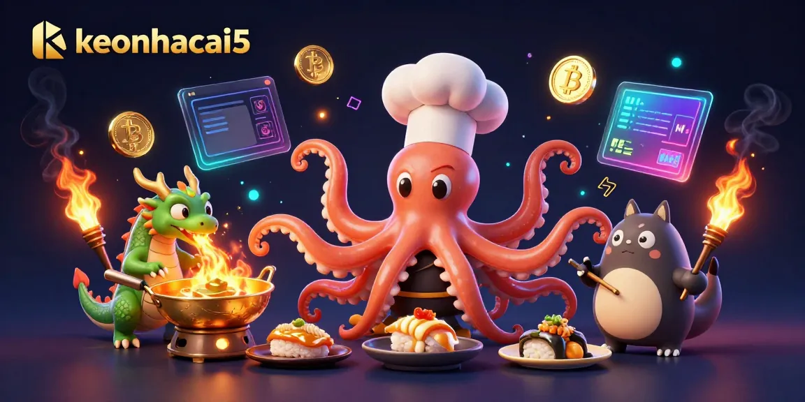 Engaging keonhacai5 scene with a cartoon octopus chef and dragon featuring crypto elements and vibrant casino themes.