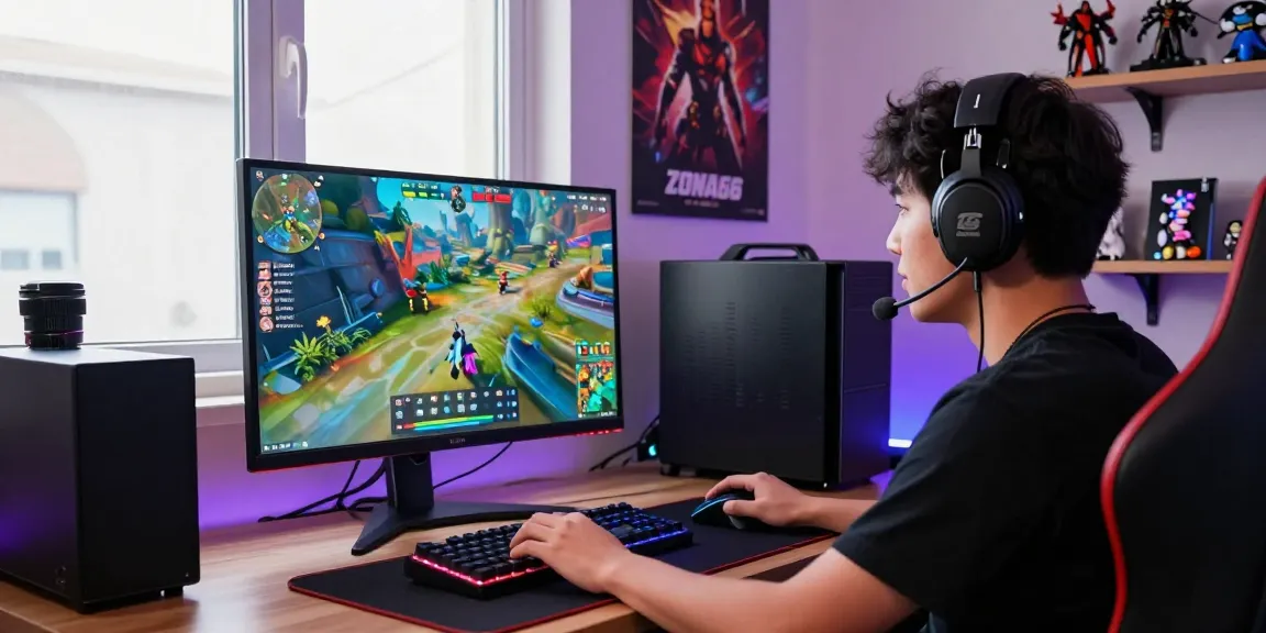 Vibrant gaming setup featuring ZONA66 branding with player immersed in multiplayer gameplay.
