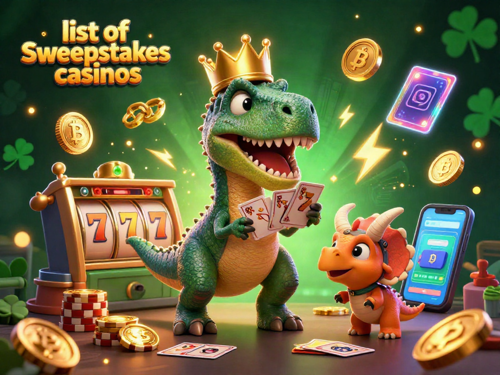 Engage with the list of sweepstakes casinos through a vibrant T-Rex card shuffling scene.