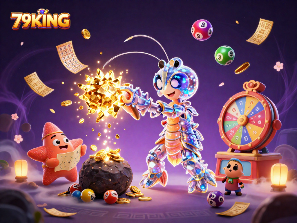 Exciting 79KING lottery scene with colorful elements and characters celebrating winnings