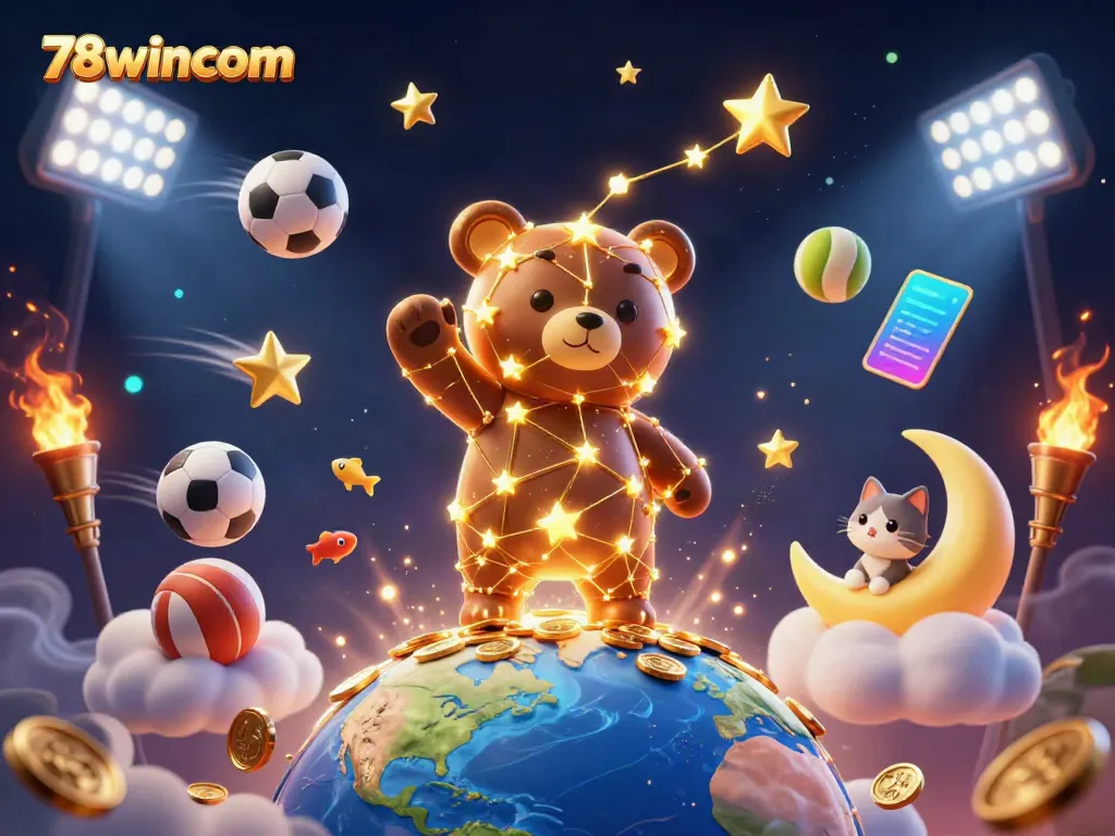 Experience the excitement of 78wincom with a vibrant scene of stars, coins, and sports elements.