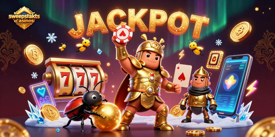 Experience thrilling sweepstakes casinos featuring a victorious beetle champion and dazzling game elements.