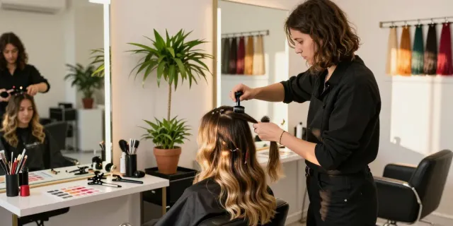Hair extensions and accessories being applied in a modern salon with a professional stylist.