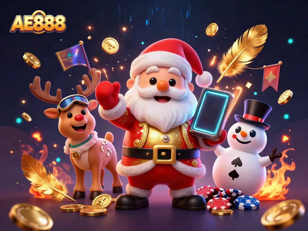 Spin and win at AE888 with Santa and friends in a lively casino scene.