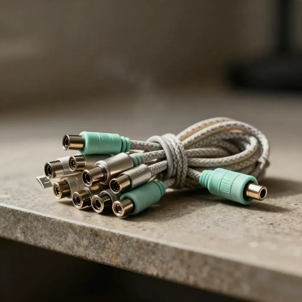 Braided sync cables and modular adapters on a matte stone shelf with dark bokeh