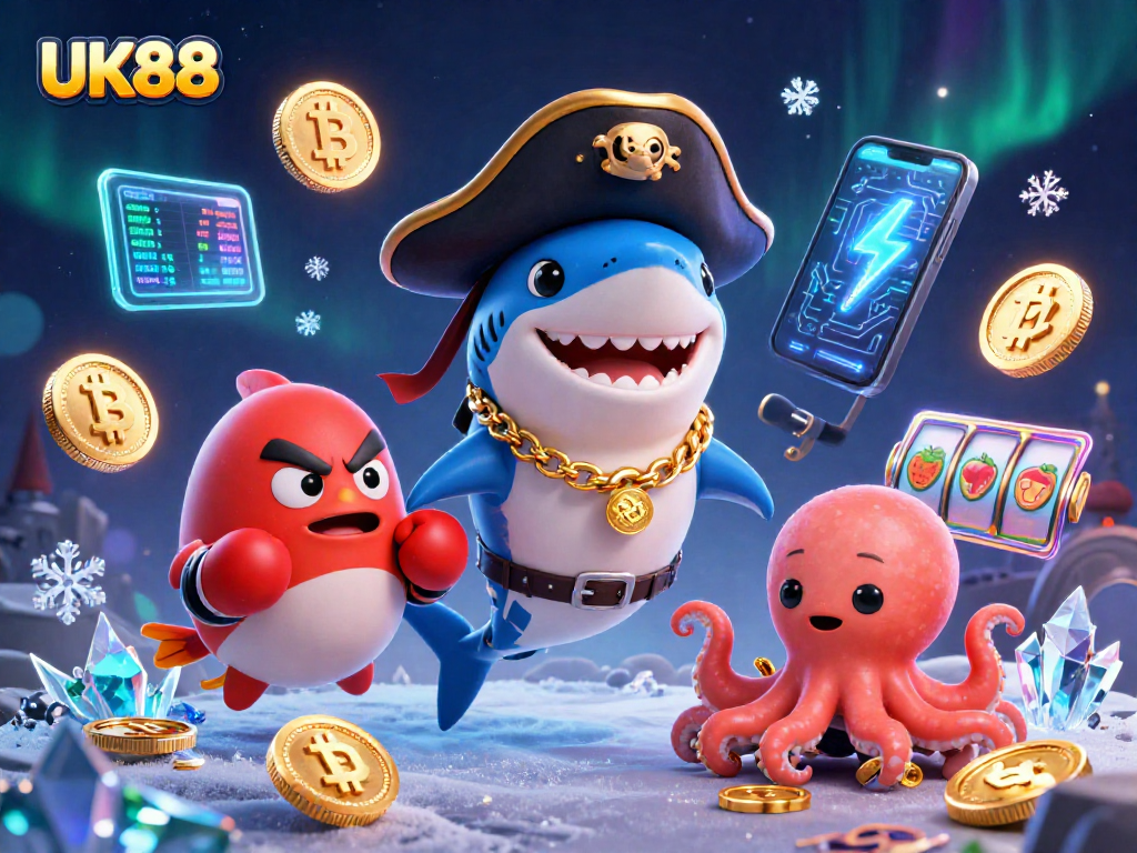 Engage with exciting games at UK88 featuring colorful slot reels and dynamic underwater characters.