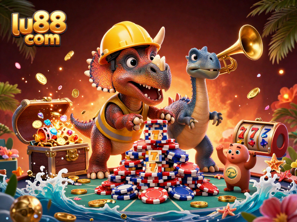 Win big at lu88 com with vibrant 3D casino visuals featuring playful dinosaurs and exciting gaming elements.