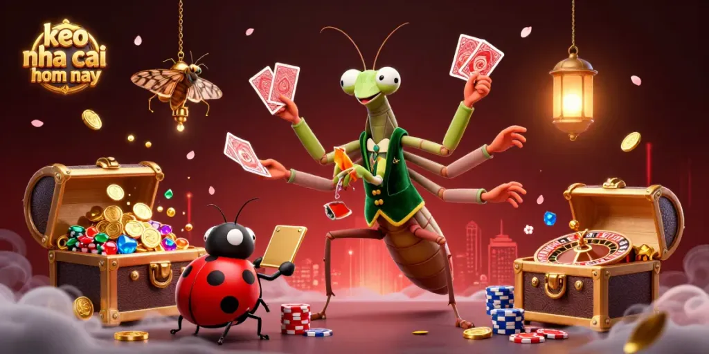 Experience keo nha cai hom nay with a giant mantis and ladybug in a vibrant casino illustration.