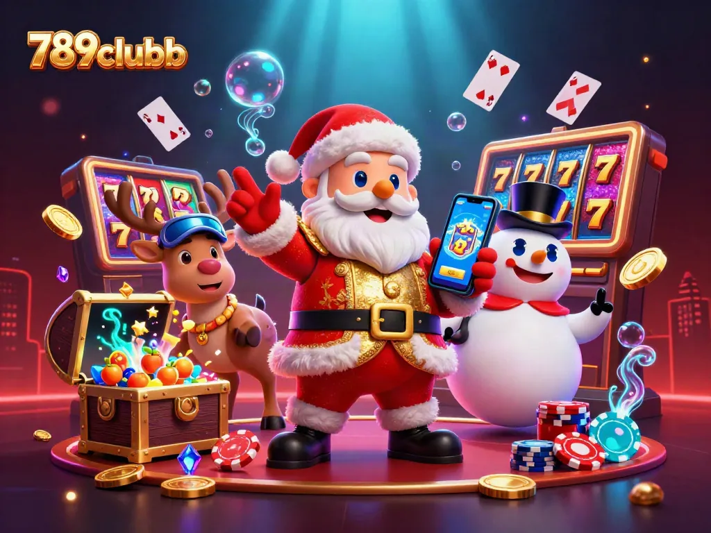Win big with 789clubb as Santa, his reindeer, and a snowman celebrate casino fun!
