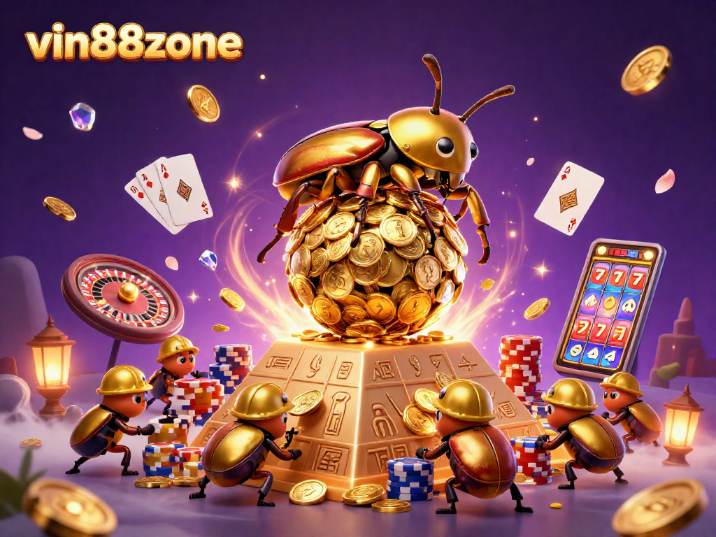 Experience the excitement of vin88zone as golden beetles roll coins amidst vibrant casino elements.