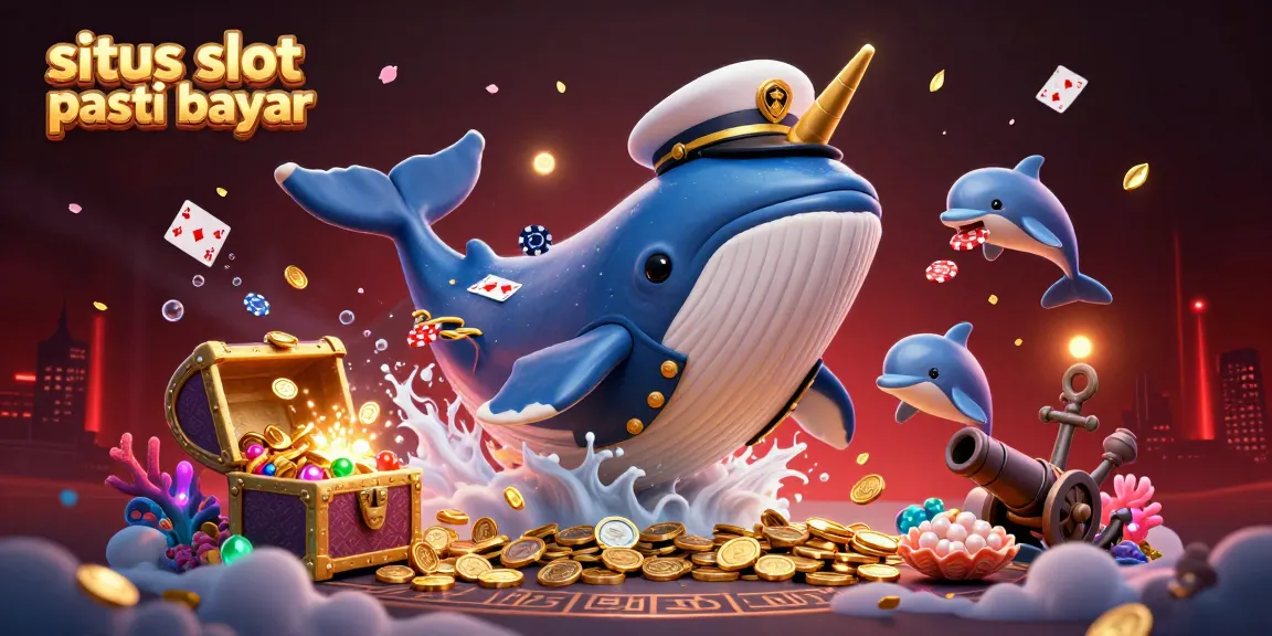 Immerse in the experience of situs slot pasti bayar with a vibrant casino-themed 3D illustration featuring playful marine characters and treasures.