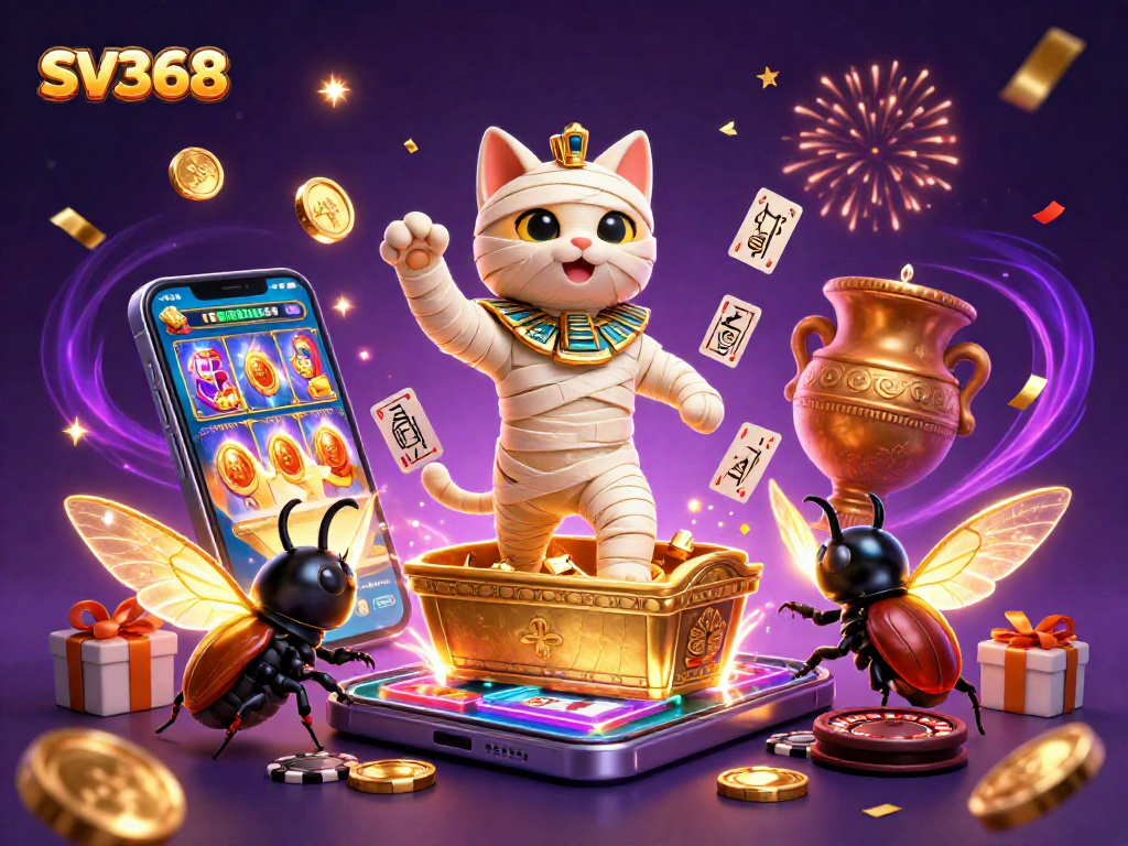 Spin the reels with SV368 in this thrilling 3D illustration featuring a mummy cat and casino elements.