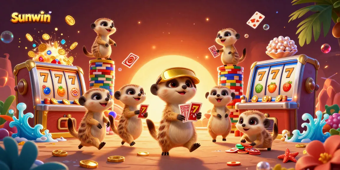 Sunwin’s meerkats orchestrate vibrant casino action with colorful chips and gold coins.