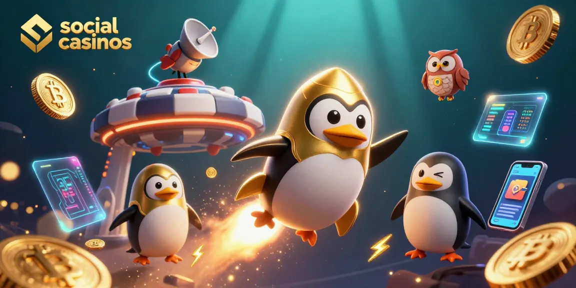 Explore social casinos with a vivid 3D illustration showcasing a golden penguin and dynamic crypto elements.