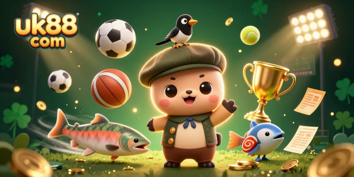 Experience thrilling gaming with uk88 com's vibrant 3D illustration featuring playful characters and sports elements.