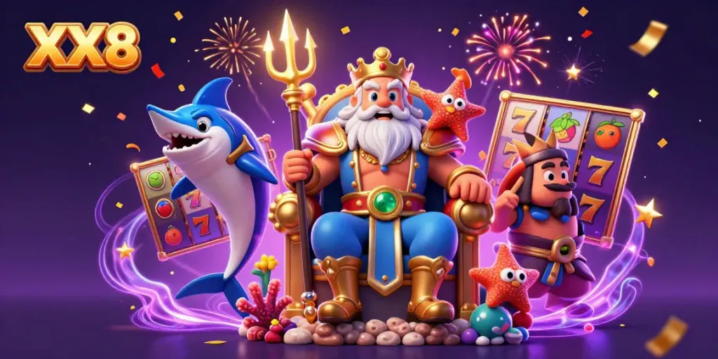 Experience excitement with XX8, featuring Neptune and slot reels in this vibrant casino illustration.