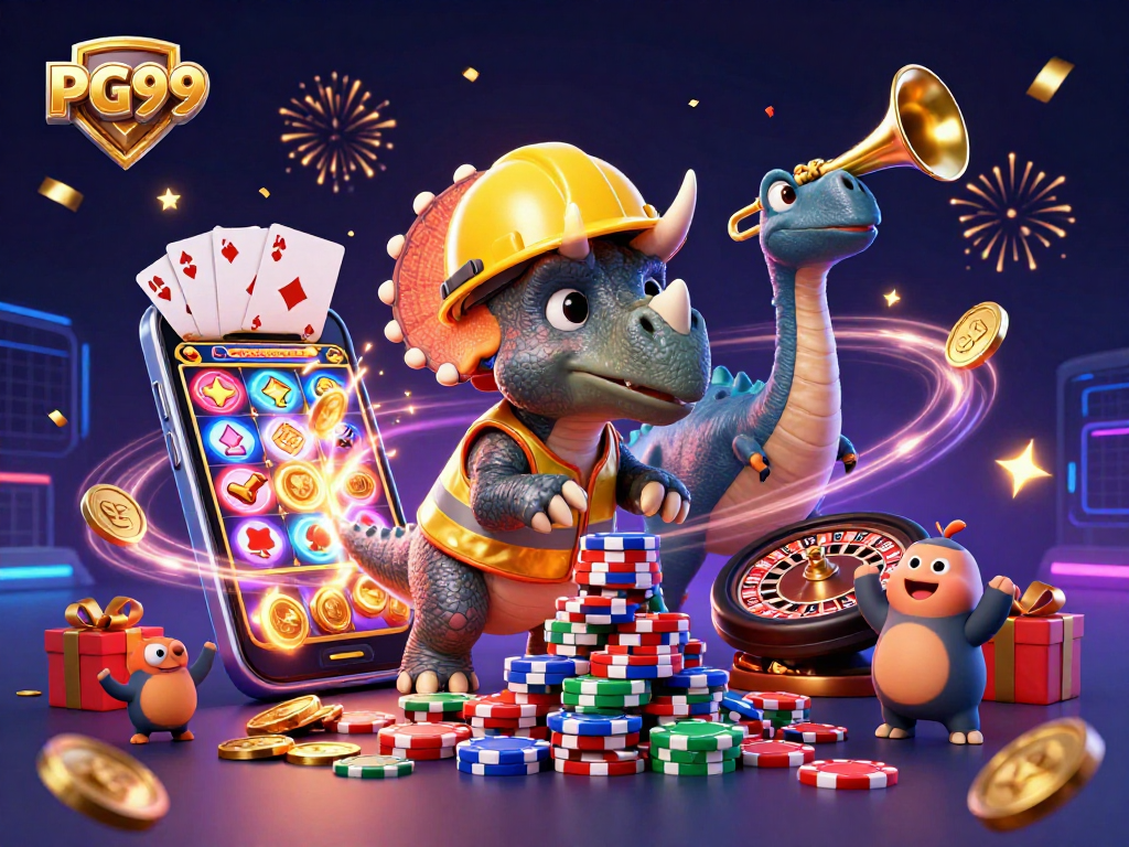 Play thrilling games with PG99 in a vibrant 3D casino celebration scene.
