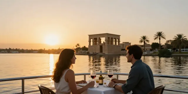 Couple enjoying a romantic dinner on a Lake Nasser Cruise deck with Nubian temples at sunset.