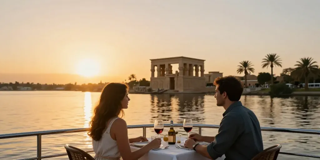 Couple enjoying a romantic dinner on a Lake Nasser Cruise deck with Nubian temples at sunset.