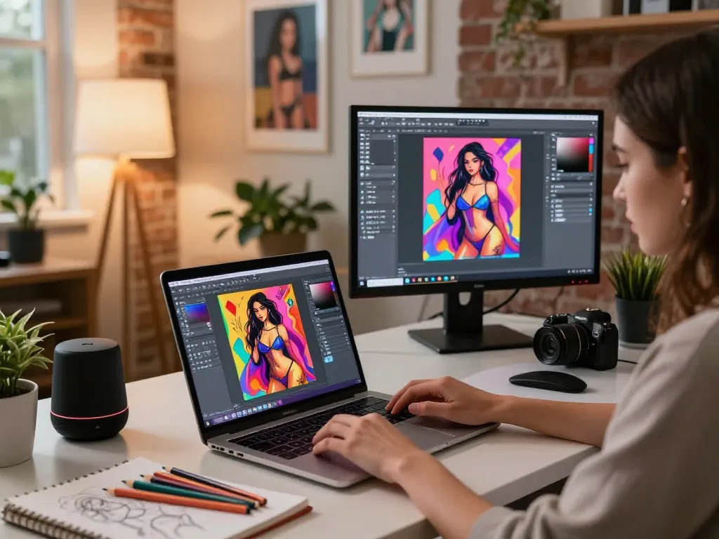 Creative workspace with graphic designer producing sex AI visuals, vibrant art and tools showcased.